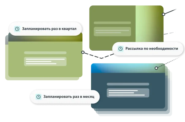 Линии, соединяющие опросы, с опциями планирования раз в квартал или месяц, а также рассылки по мере необходимости