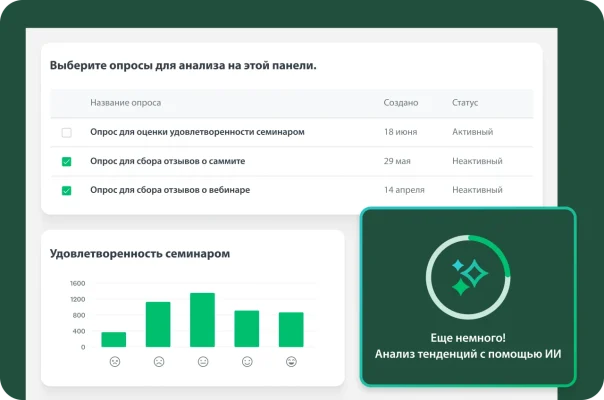 Панель с результатами опроса. Сверху указаны следующие заголовки: опрос для оценки удовлетворенности семинаром, опрос для сбора отзывов о саммите, опрос для сбора отзывов о вебинаре. Внизу столбчатый график с результатами опроса для оценки удовлетворенности семинаром и окном «Анализ тенденций с помощью ИИ».