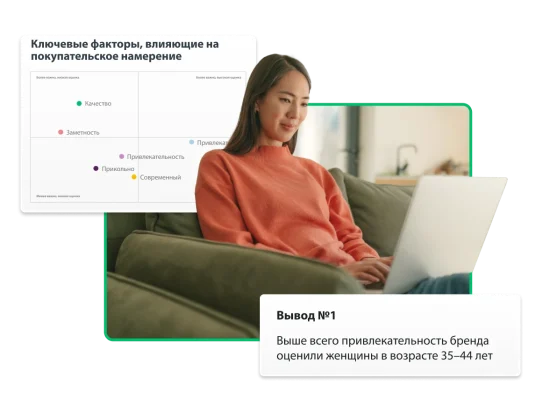 Женщина печатает на ноутбуке, а рядом график с ключевыми факторами, влияющими на покупательское намерение, и сведениями о том, что выше всего привлекательность бренда оценили женщины в возрасте 35–44 лет