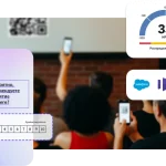 Помещение с проектором и экраном, на котором изображен QR-код, в котором сидят люди с телефонами в руках, с помощью которых они снимают фотографии, а рядом снимок экрана с показателем NPS равным 33 и разными логотипами компаний, включая Salesforce и HubSpot, а также снимок экрана с вопросом из опроса о том, насколько вероятно, что пользователь порекомендует мероприятие другу или коллеге