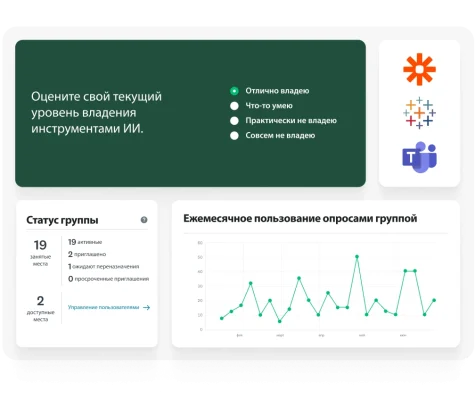Вопрос из опроса, где респондента просят оценить свой уровень владения инструментами ИИ, а рядом линейный график с показателями ежемесячного использования и статусом группы, в которой 19 занятых мест и 2 доступных