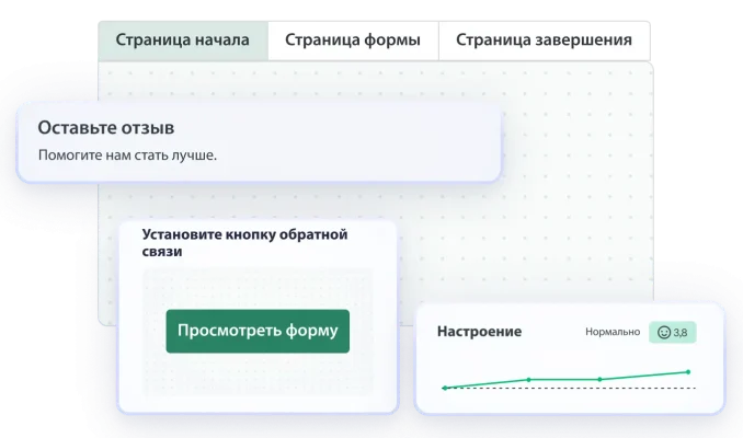 Интерфейс платформы GetFeedback с алгоритмом создания формы в конструкторе, настройкой кнопки предварительного просмотра и виджетом аналитики настроений посетителей