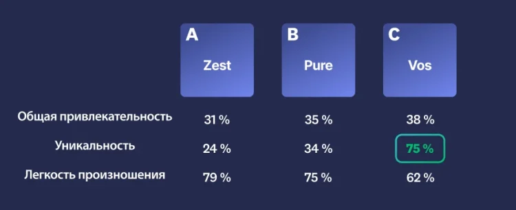 Three different names with results, where option C scores highest in overall appeal, uniqueness, and easy to pronounce
