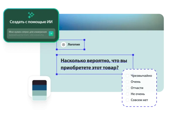 Пользовательский интерфейс для создания опросов с помощью ИИ. Текстовое поле, в котором предлагается создать опрос для «измерения вероятности того, что клиенты» приобретут товар. Форма опроса с вопросом «Насколько вероятно, что вы приобретете этот товар?» и пятибалльной шкалой.