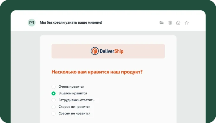 Экран с электронным сообщением, в которое вставлен опрос для оценки удовлетворенности продуктами DeliverShip.