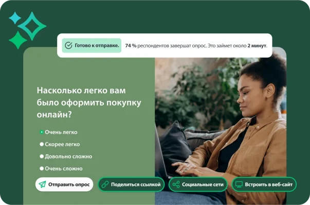 Женщина печатает на ноутбуке, а рядом вопрос из опроса о том, насколько удобен был процесс оформления покупки онлайн, и вставка с информацией о том, что опрос готов к отправке и что 74 % респондентов пройдут его полностью