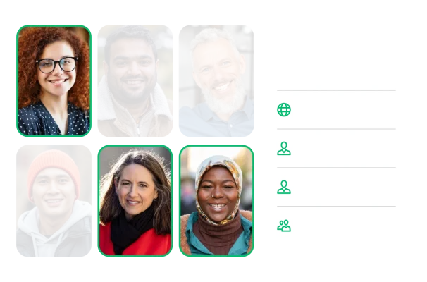 Фотографии женщин крупным планом, а рядом таблица с демографической информацией, где указано следующее: США, женский пол, доход от 62 000 рублей в месяц, возраст: 18–65