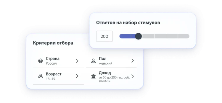 Экран выбора критериев отбора аудитории, страна: США, возраст: 18–45 лет, пол: женский, доход: 50–200 тыс. руб. в месяц
