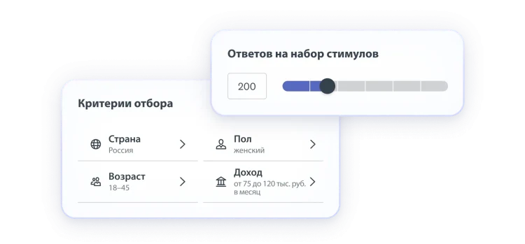 Экран выбора критериев отбора аудитории: страна: США, возраст: 18–45 лет, пол: женский, доход: 75–120 тыс. руб. в месяц