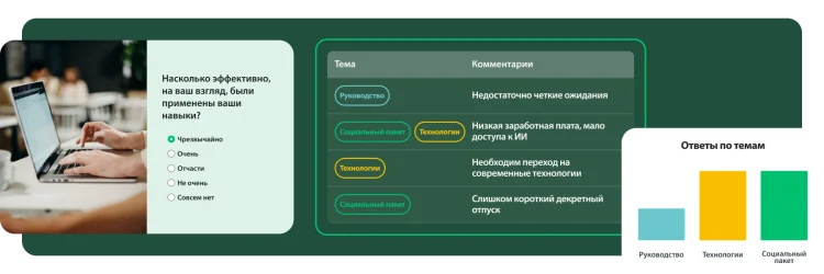 Человек печатает на ноутбуке, а рядом вставка с вопросом из опроса и ответами по темам.