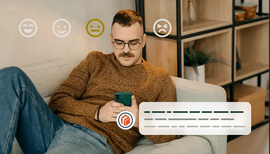 Человек смотрит в телефон с сообщением чат-бота, который просит рассказать, почему он остался недоволен.