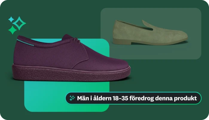 En bild som visar två olika skor. En informationsruta med texten ”Män i åldern 18–35 föredrog denna produkt”, vilket anger en demografisk insikt.