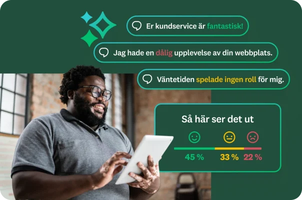 En man med skägg och glasögon tittar på en surfplatta. Konversationsbubblor visar kundfeedback som ”Er kundservice är fantastisk!” och ”Jag hade en dålig upplevelse av din webbplats.” En bild nedanför visar en attityduppdelning med procentsatser.