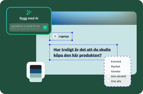 Ett användargränssnitt för att skapa enkäter med AI. En textruta föreslår att du ska skapa en enkät för att ”mäta hur troligt det är att potentiella kunder kommer att köpa vår produkt”. I enkätformuläret visas en fråga ”Hur troligt är det att du skulle köpa den här produkten?” med en skala med fem punkter.
