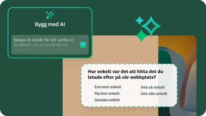 En bild på ett verktyg för att skapa enkäter med titeln ”Bygg med AI”. Ett exempel på en prompt visas: ”Skapa en enkät för att samla in feedback om en persons upplevelse av att använda en webbplats.” En exempelfråga från undersökningen lyder: ”Hur lätt var det att hitta det du letade efter på vår webbplats?”