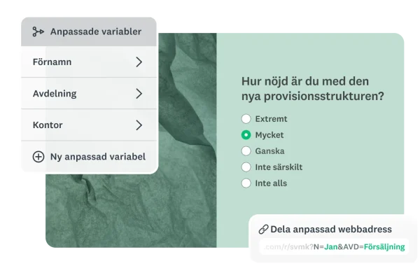 En skärm som visar hur du använder anpassade variabler (förnamn, avdelning, kontor) för att personanpassa en enkätadress för automatisk insamling av deltagaruppgifter.