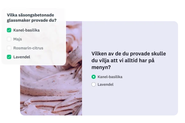 En enkät som visar logik för fråge- och svarsminne, där de utvalda säsongsbetonade glassmakerna (kanel-basilika, lavendel) överförs till följdfrågan.