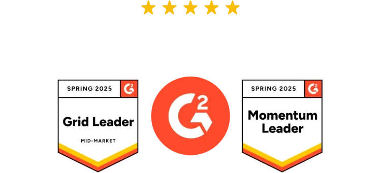 Två G2-märken för våren 2025: Grid Leader och Momentum Leader.