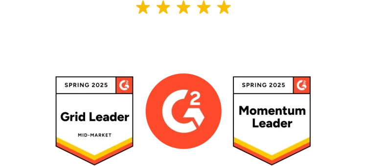 Två G2-märken för våren 2025: Grid Leader och Momentum Leader.