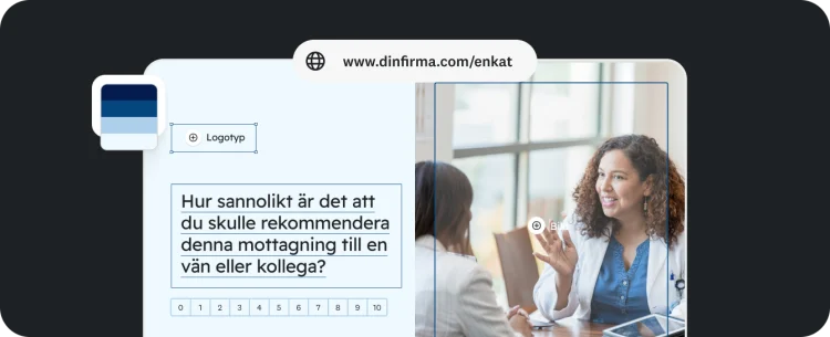 Ett enkätformulär med frågan ”Hur sannolikt är det att du skulle rekommendera denna mottagning till en vän eller kollega?” visas över ett foto av en läkare som pratar med sin patient.