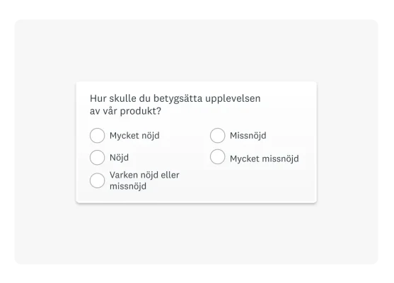 Fråga om kundnöjdhetspoäng (CSAT) som lyder: ”Hur skulle du betygsätta din upplevelse av vår produkt?”