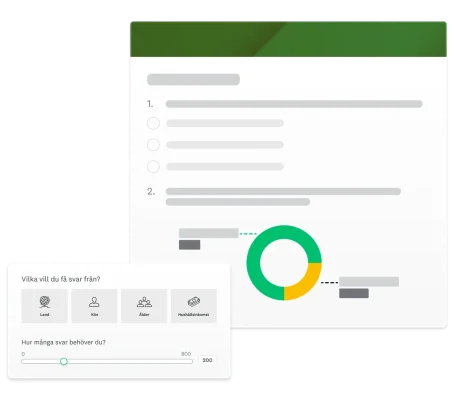 Enkät med ett ringdiagram och texten ”Vilka vill du få svar från?” och ”Hur många svar behöver du?”