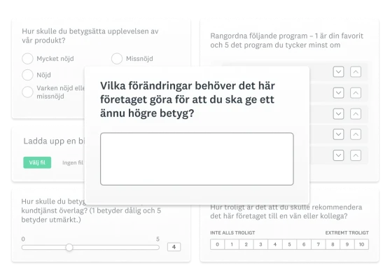Produktskärmbilder som visar olika typer av enkätfrågor.