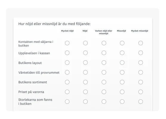 Produktskärmbild som visar en matrisfråga.