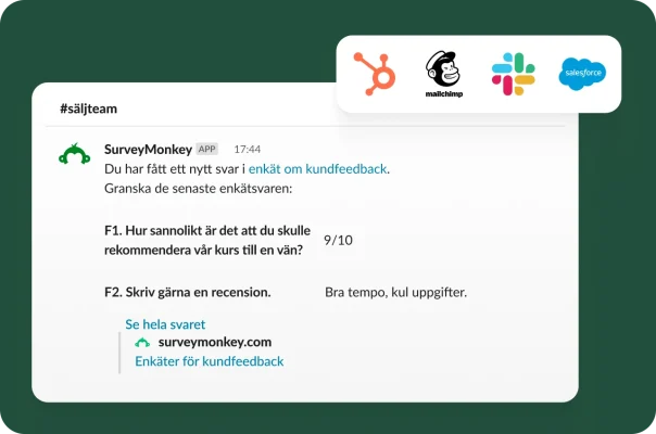 En Slack-avisering som visar ett nytt kundenkätsvar och en rekommendationspoäng med integreringslogotyper.