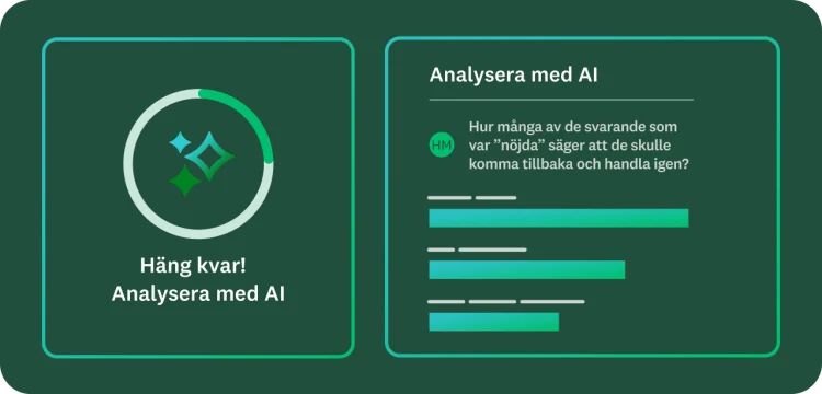 En bild som visar en cirkelgrafik som läses in för ”Analysera med AI”, bredvid en prompt med en fråga till AI:n om enkätdeltagare.