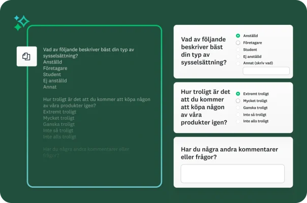 En skärm som visar ett block enkätfrågor som klistrats in till vänster och hur plattformen automatiskt formaterar dem till interaktiva enkätfrågor till höger.