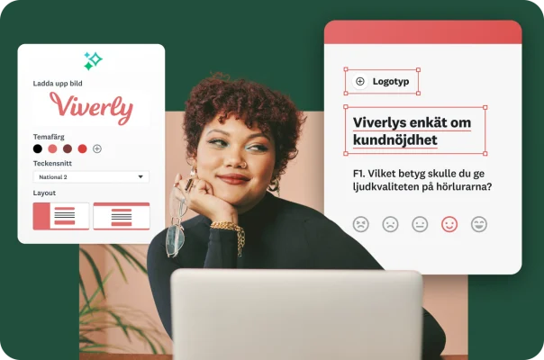 En kvinna som ler och tittar på sin bärbara dator med överlagringar som visar olika alternativ för enkäter, som att ladda upp en logotyp, välja en temafärg eller redigera en Viverly-enkät om kundnöjdhet.