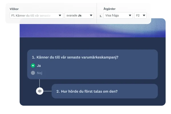 En enkät som visar villkorlig logik där en följdfråga (”Hur hörde du först talas om den?”) bara visas om den svarande svarar ”Ja” på frågan om medvetenhet om varumärkeskampanjen.