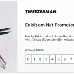 Tweezerman-enkät som visar en NPS-fråga: Hur troligt är det att du skulle rekommendera vårt företag?