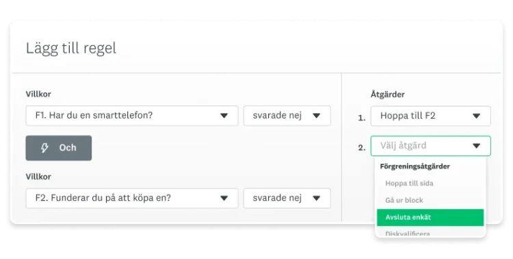 Skärmbild av lägg till regel-funktionen i SurveyMonkey