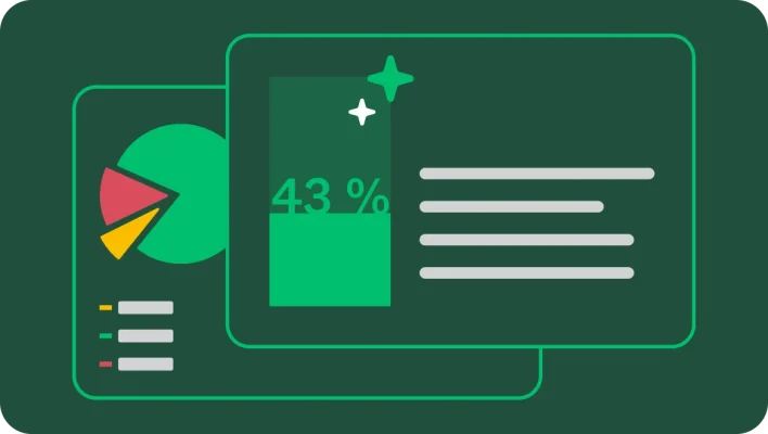 Grafik som visar två överlappande bilder. Den ena har ett cirkeldiagram med en förklaring och den andra har ett stort nummer ”43 %” och flera rader med platshållartext.