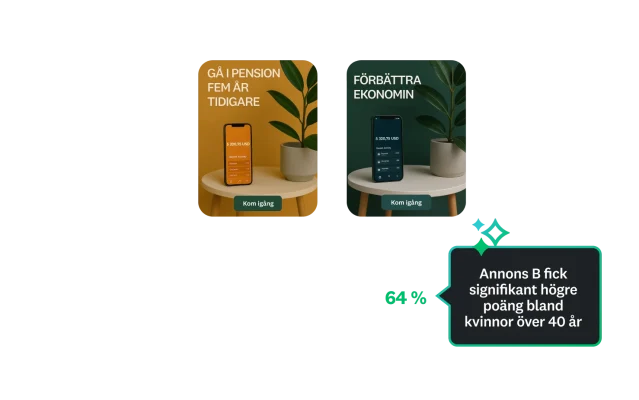 Koncepttest mellan skärmbilder av två olika annonser, där en fick signifikant högre poäng för kvinnor över 40 år