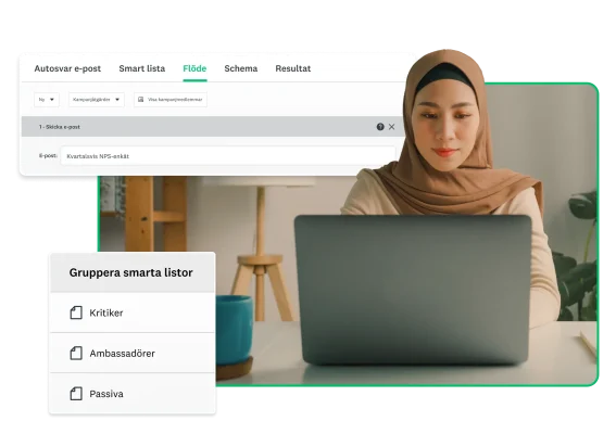 Kvinna som arbetar på sin bärbara dator bredvid skärmbilder av smarta listor för grupper som ska skickas ut