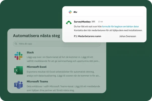 Slack-meddelande från SurveyMonkey om att det har kommit ett nytt svar på formuläret om begäran om bärbar dator
