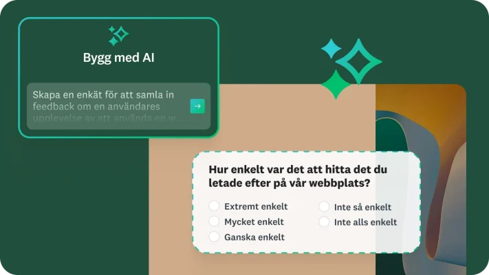 Bygg med AI-prompt med texten ”Skapa en enkät för att samla in feedback om en användares upplevelse av att använda en webbplats” bredvid enkätfrågan ”Hur enkelt var det att hitta det du letade efter på vår webbplats?”