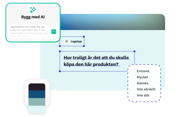 Bygg med AI-prompt med texten "Jag behöver en enkät för att mäta hur sannolikt det är att potentiella kunder kommer att köpa vår produkt", bredvid en enkätfråga om hur sannolikt det är att du skulle köpa den här produkten