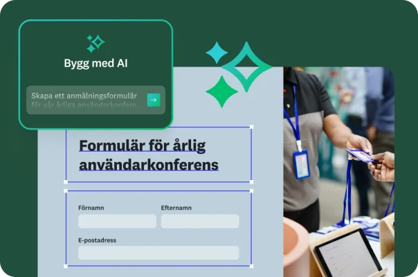 En person som fyller i ett formulär för en årlig användarkonferens och ett popup-fönster med en AI-prompt.