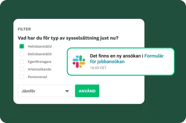 En Slack-avisering som visar ett nytt svar från ansökningsformuläret med ett filter för sysselsättning.