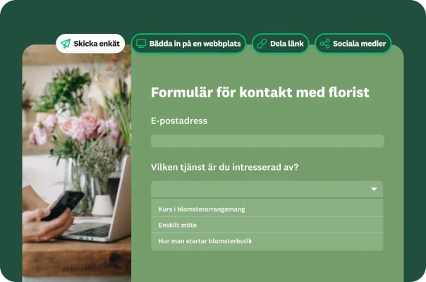 Formulär med förfrågan om kontakt med florist, bredvid alternativ som visar olika sätt att dela enkäten, till exempel att skicka enkäten via mejl, bädda in på en webbplats, dela som länk och lägga ut den i sociala medier