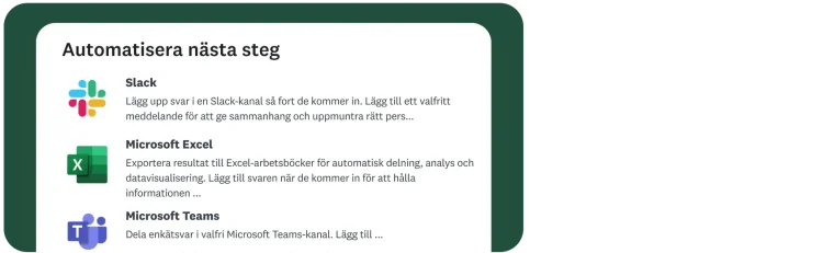 En skärm med titeln ”Automatisera nästa steg” visar alternativ för integrering med Slack, Microsoft Excel och Microsoft Teams. Alla alternativ innehåller en kort beskrivning och motsvarande applogotyp.