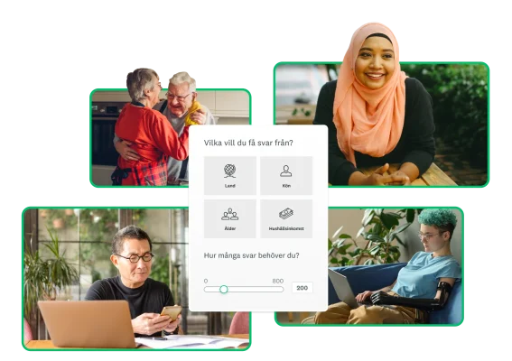 Fyra olika foton på olika personer, med en skärmbild av ett urvalsverktyg för demografi från SurveyMonkey Audience-panel