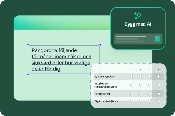 Ett formulär med en enkätfråga där de svarande ombeds ”rangordna följande förmåner inom hälso- och sjukvård efter hur viktiga de är för dig” och en lista med alternativ som ”Syn och synvård”, ”Tillgång till friskvårdsprogram”, ”Företagskort” och ”Digitala vårdtjänster”. Ett AI-drivet verktyg för skapande visas i hörnet.