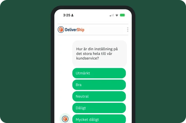 Mobiltelefon som visar en enkätfråga om hur du skulle betygsätta vår kundservice
