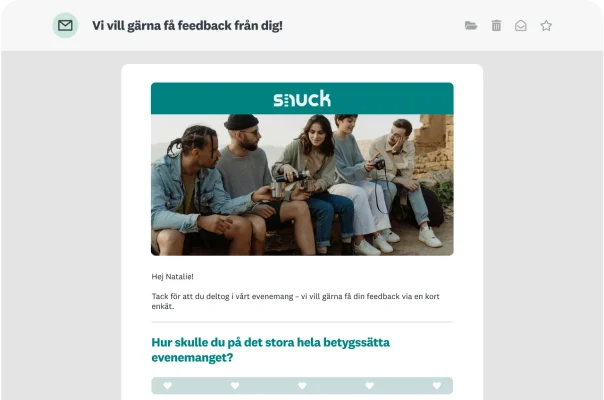 Mejl med en enkätfråga om upplevelsen som helhet