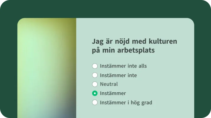 Fråga från mall för enkät om arbetsplatskultur som frågar medarbetarna hur nöjda de är med kulturen på arbetsplatsen på en 5-gradig likertskala.